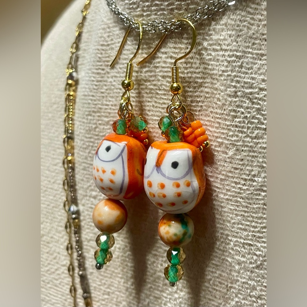Fun Owl Earrings with Orange and Green Accents - Picture 9 of 9